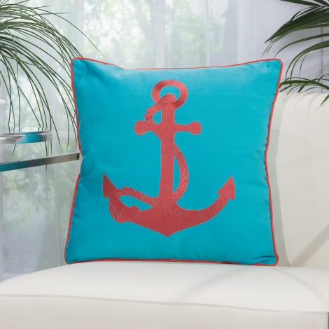 Embroidered Outdoor Throw Pillow, Turquoise/Coral