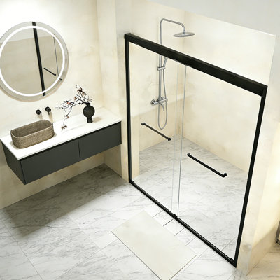 Verre trempé 56-60 "x 72" avec film antidéflagrant, porte de douche coulissante double en aluminium, 1/4 "(6 mm), poignée en acier inoxydable, noir mat W1675p288488