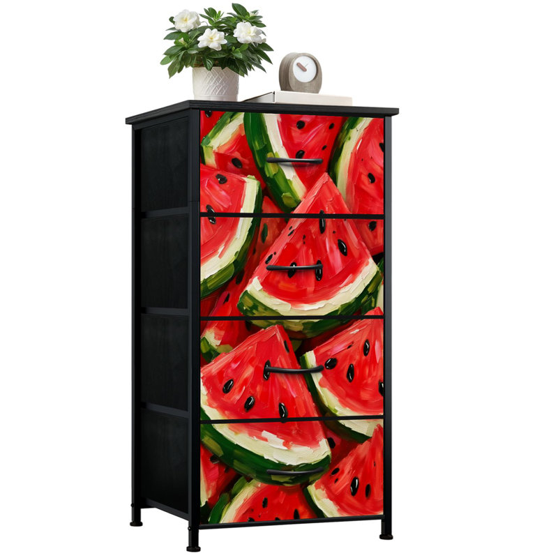 Commode pour la chambre à coucher avec 4 tiroirs de rangement Tranches de melon d'eau Coups de pinceau audacieux Rouge vif Couleurs vives Commode Commode en acier avec cadre pour vestibule
