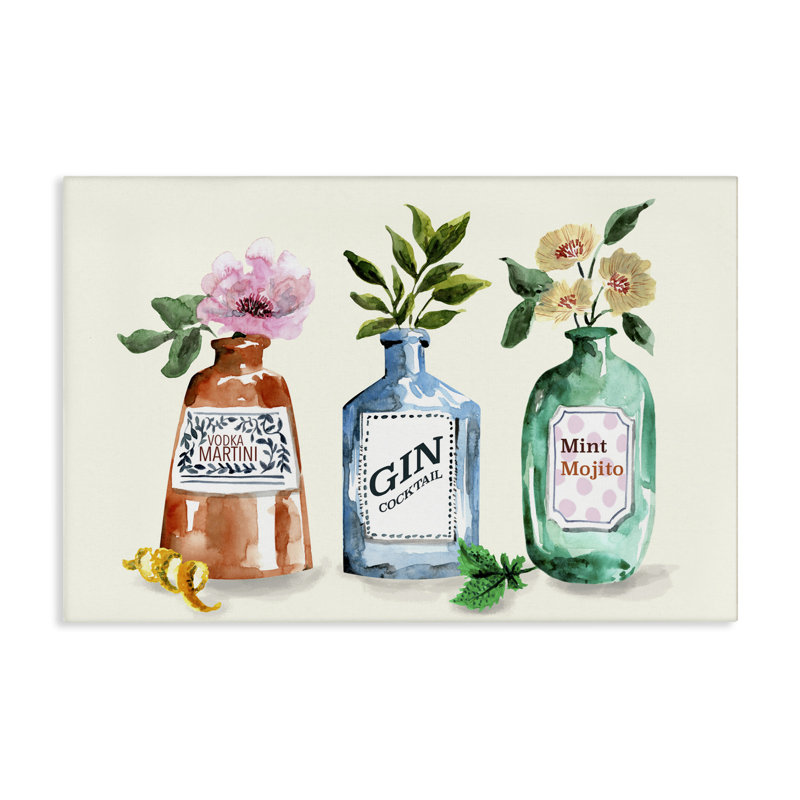  Art floral sur toile avec bouteilles d'alcool florales par Kate Eldridge, H 30 po x l 45 po