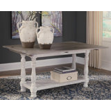 Farmhouse Flip Top Sofa Table With Lower Shelf, Grey & White Distressed Finish, Expandable Dining Space