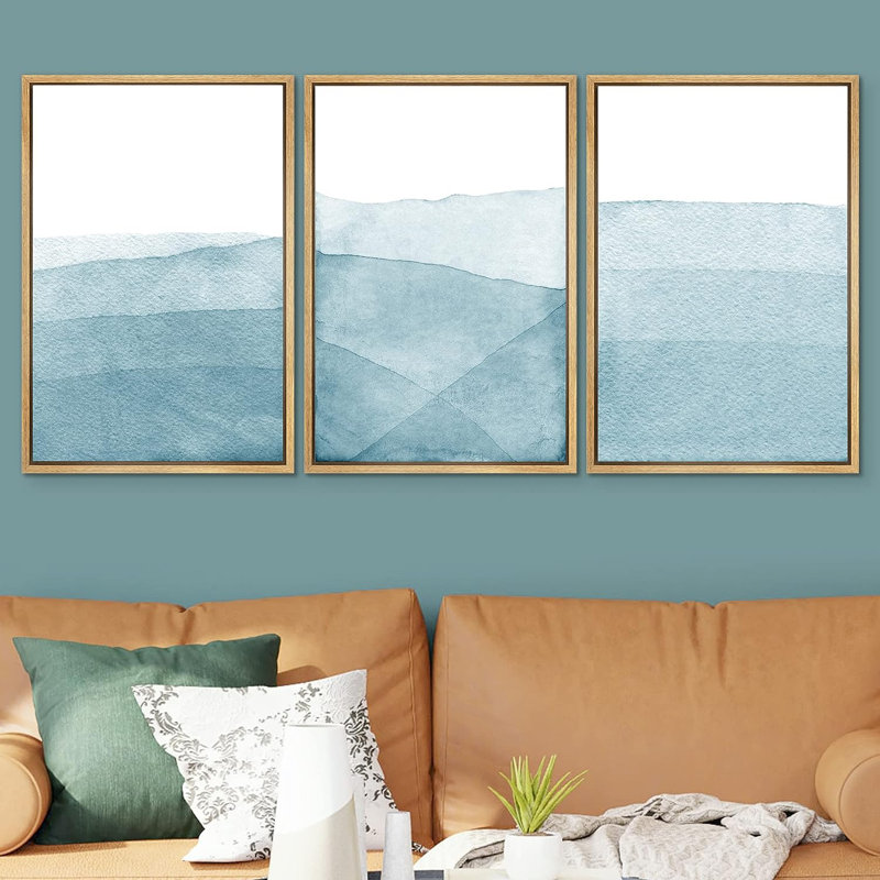 Blue Abstract Landscape Canvas Print Set with Natural Frames