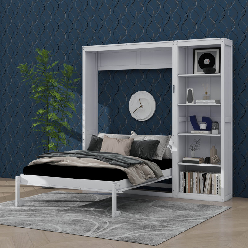 Grand lit escamotable compact avec rangement, Blanc