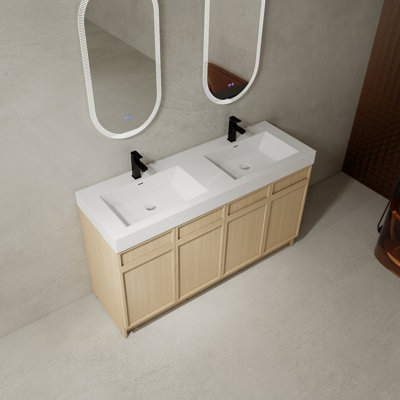 60" Freestanding Bathroom Vanity with White Double Resin Sink & 4 Soft-Close Cabinet Doors (KD-PACKING)