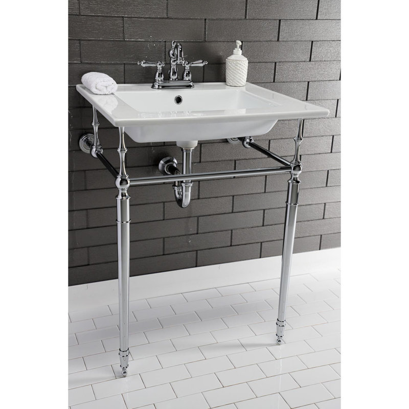 Lavabo console en laiton Kingstonian de 25 pouces avec pieds en laiton Kingston (4 pouces, 3 trous), Blanc / chrome poli