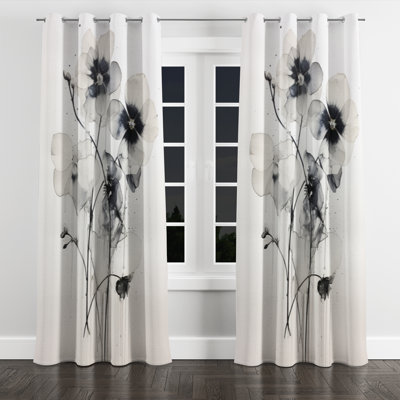 Linhurst Black and White Adorned Violets - Traditional Velvet Blackout Grommet Curtain - 1 Panel