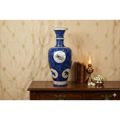 30" Fine Marble Vase with Lapis Lazuli Inlay – Handmade Artistic Peacock & Elephant Motif, Luxury Statement Piece for Modern & Classic Interiors