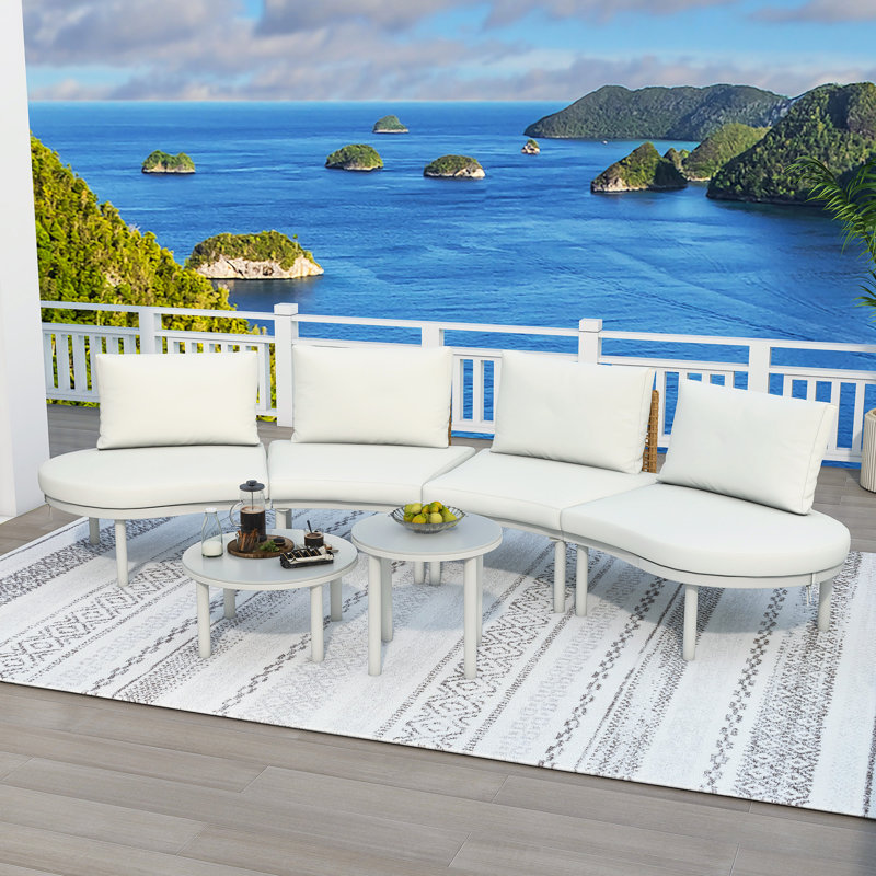 6-Piece Patio Sofa Furniture Set With 2 High-Low Coffee Tables, Beige Cushion/White Frame