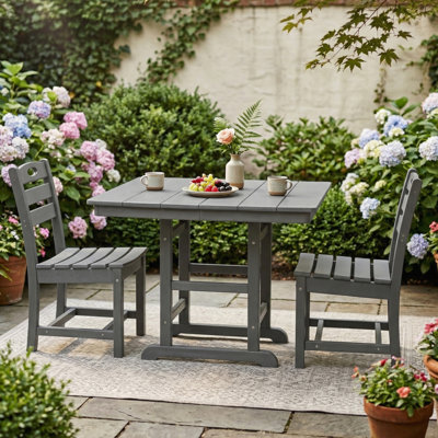 Gray HDPE Outdoor Patio Dining Set, 37.8 in. Square Table with 2 Chairs, All-Weather 3-Piece Bistro Set