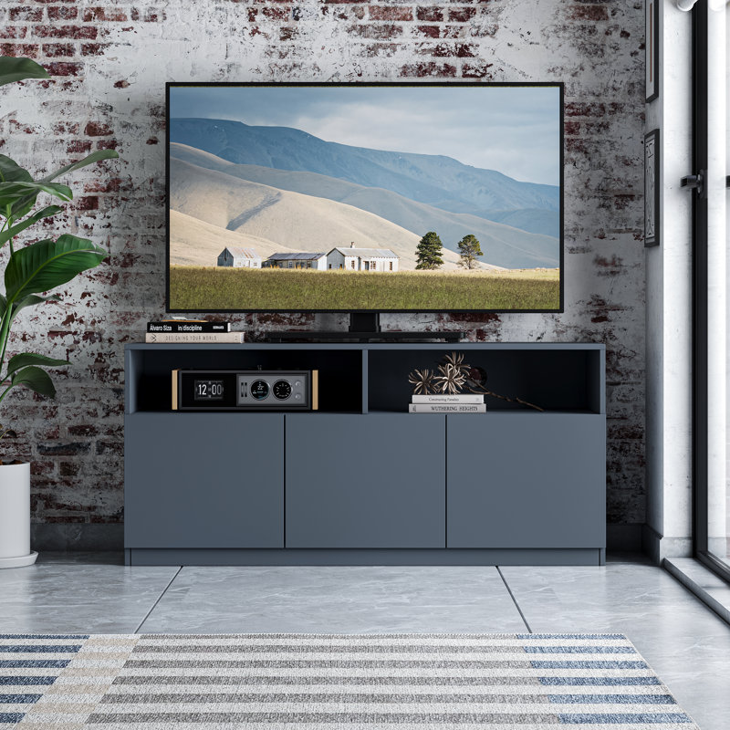 Meuble télé 47,2 po gris pour téléviseur de 50 po, console multimédia compacte en bois moderne avec armoires de rangement et gestion des câbles pour les petits espaces de la chambre à coucher du salon