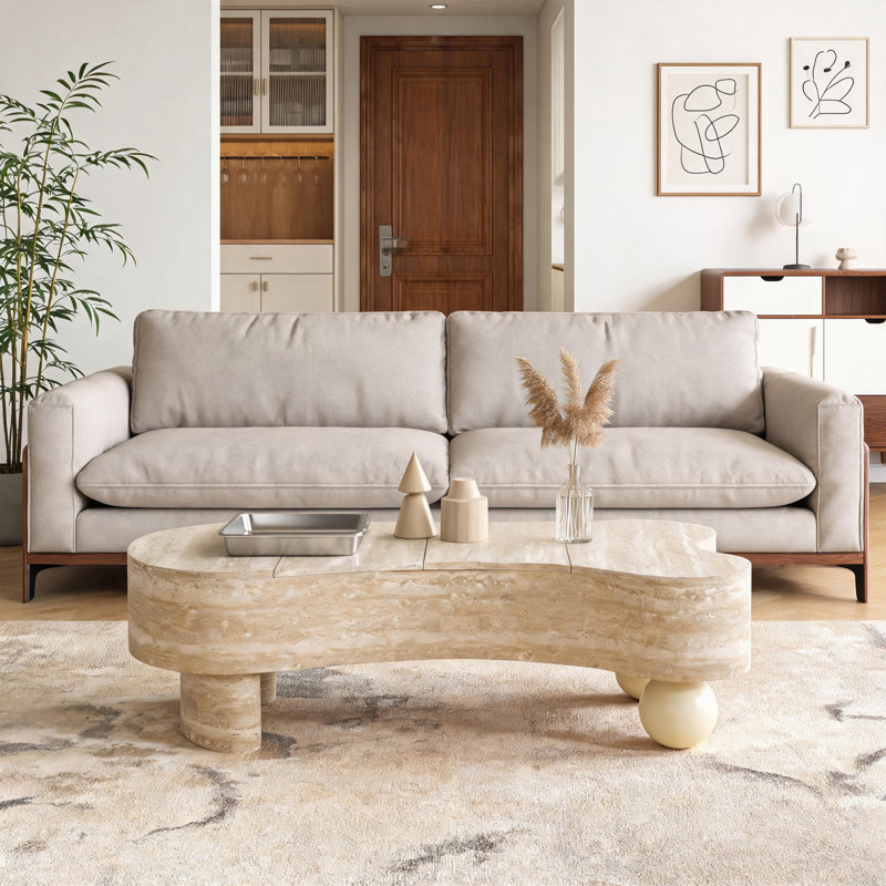 Irregular Coffee Table with Flip Top and Hidden Storage Compartment, Classic Beige Brown Accent Table for Living Room
