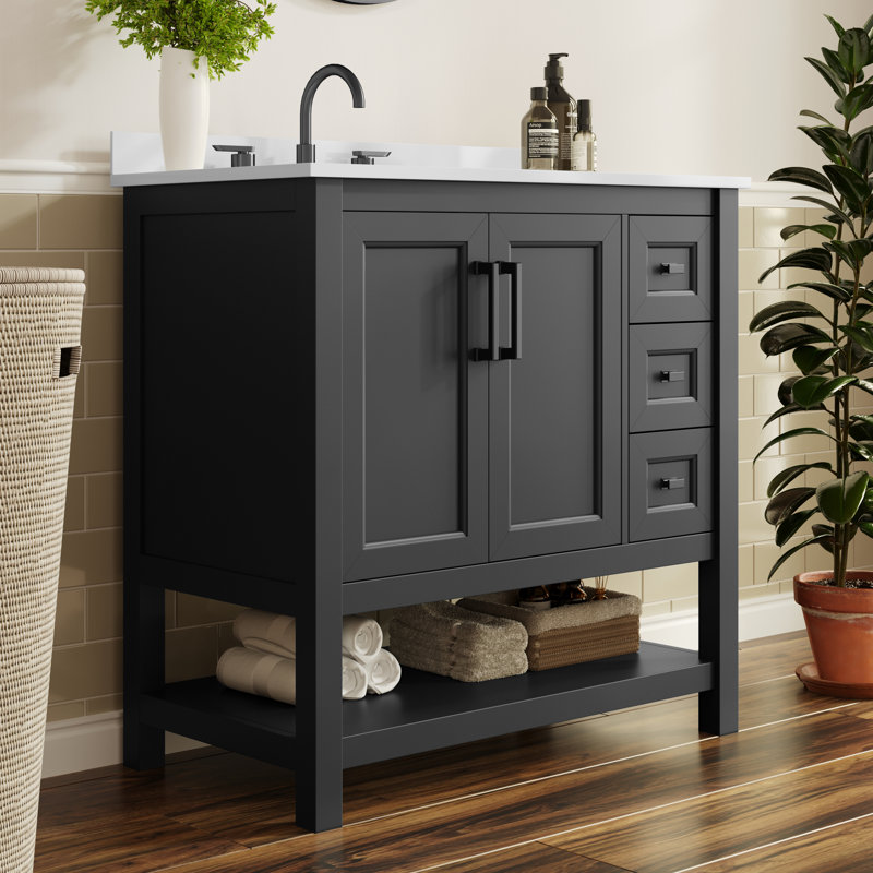 Caniya 36" Single Bathroom Vanity with Sink, Cabinet, Open Storage Shelf, and Storage Drawers, Black, 36", Black