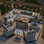 Ensemble de conversation pour patio 11 pièces avec foyer au propane, canapé modulaire en osier 7 pièces et table basse, 2 chaises berçantes pivotantes et table d'appoint