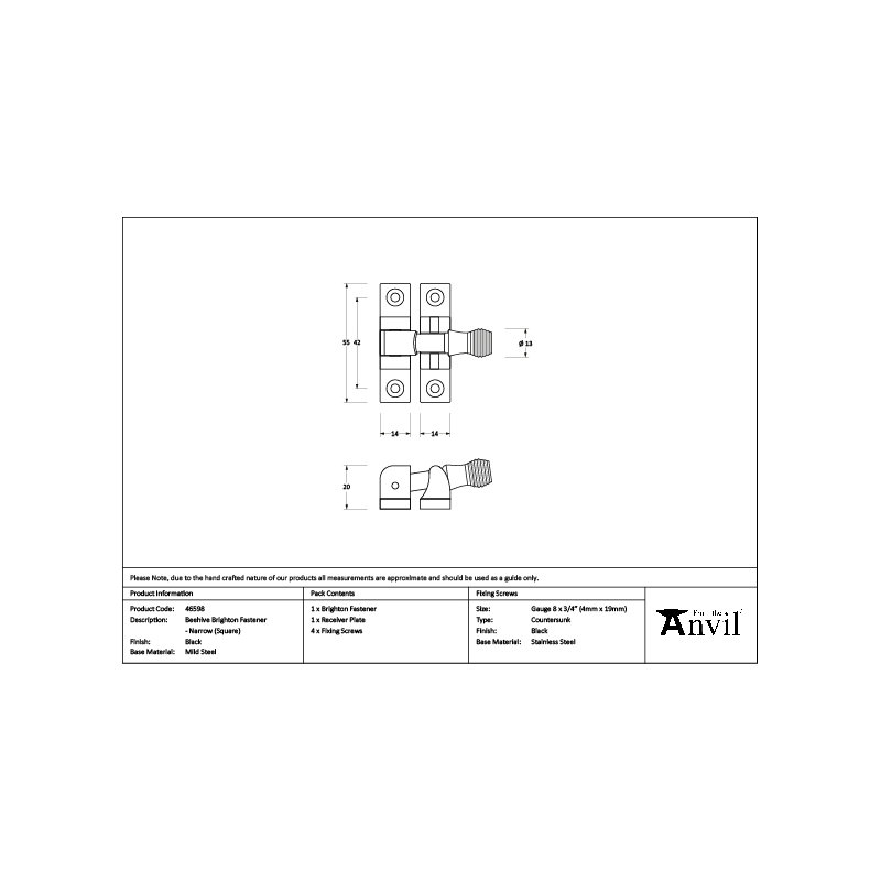 Beehive Brighton Fastener - Narrow (Square), Black