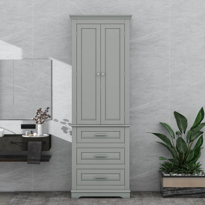 Tall Storage Cabinet With Three Drawers, Adjustable Shelves, Gray