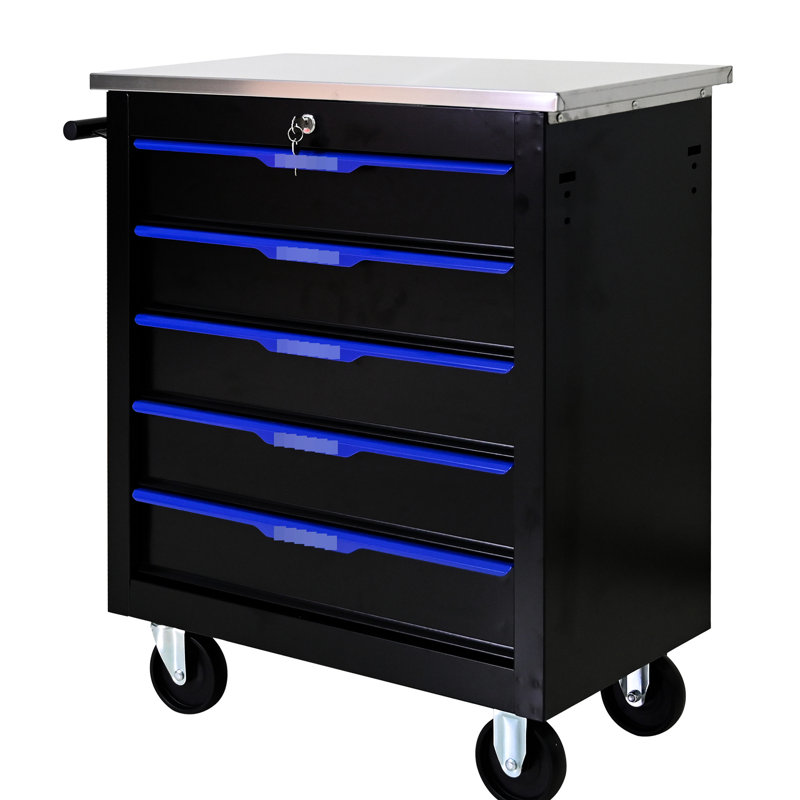 Armoire à outils verrouillable à 5 tiroirs sur roulettes - noir + bleu, matériaux, 4 po avec chariot d'atelier de frein solide et une poignée latérale pour un déplacement facile, rangement polyvalent