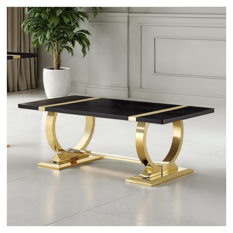 Ensemble de salon de luxe de style contemporain 3 pièces, 1 table basse, 1 table de bout, 1 table de canapé, base en tréteaux, finition noire et dorée