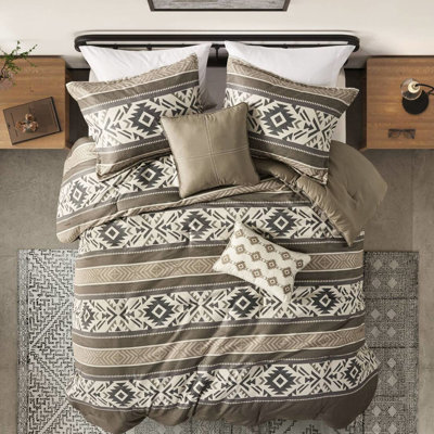 Full/Queen 5 Piece Stripe Herringbone Comforter With Brown Throw Pillows. Material, , Machine Washable And Spot Cleanable Fabric