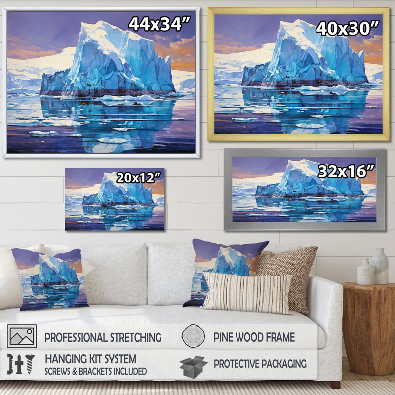 Teal Iceberg Unseen Profondeurs - reproduction sur toile, H 24 po x l 32 po x P 1 po, Cadre simple gris
