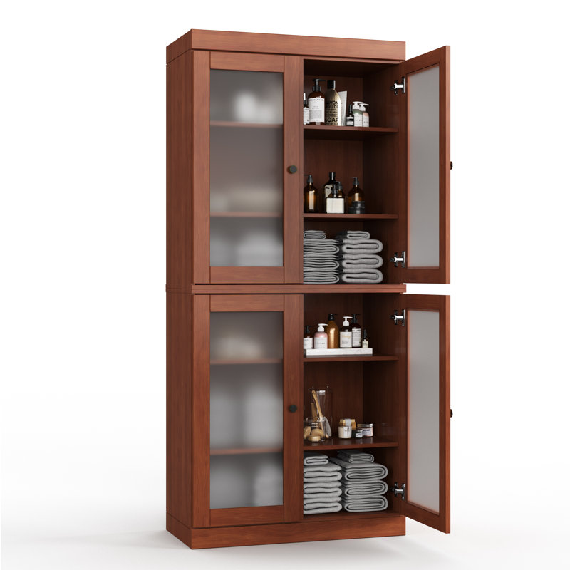 100% Solid Wood 32" Bathroom Cabinet with Frosted Glass Doors and Adjustable Shelves, Mocha