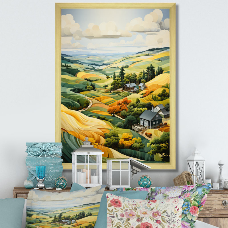 «Callowhill» jaune et vert pastoral «Bold Landscape» - reproduction d'art sur toile, H 44 po x l 34 po x P 1,5 po
