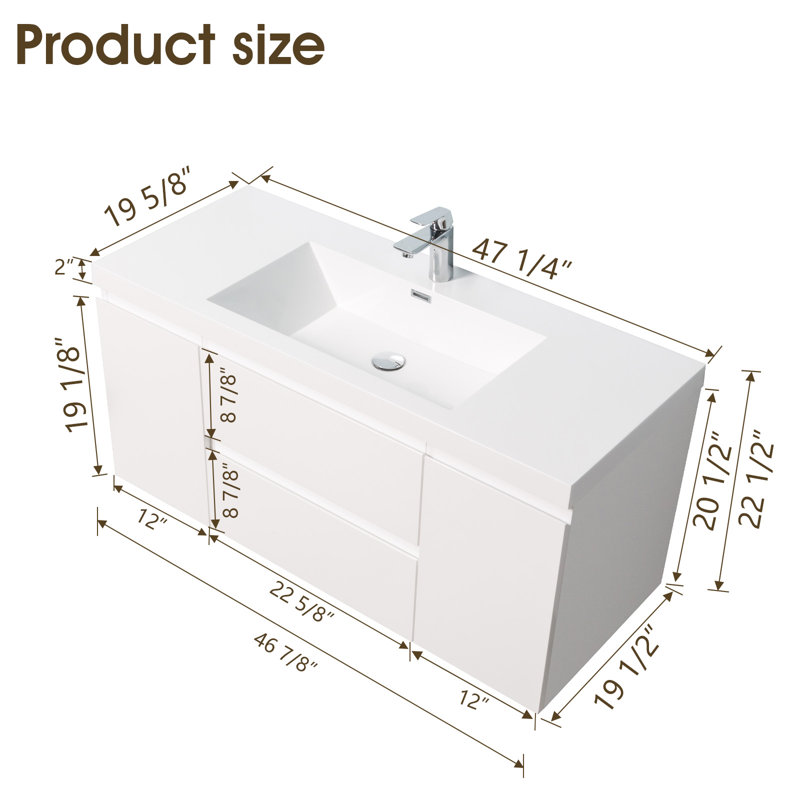 Meuble-lavabo flottant 48 po avec lavabo intégré 48 po - Blanc brillant, 48"