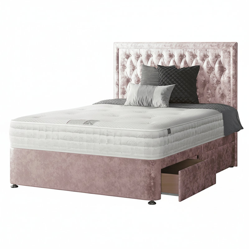 Gallego Upholstered Divan Bed, Single (3'), Pink, 2 Right Drawers