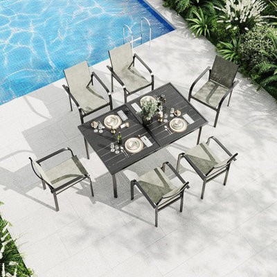7-Piece Patio Dining Set for 6 – Outdoor Metal Furniture with Rectangular Slatted Table & 6 Breathable Textilene Chairs for Backyard, Deck, Porch, Poolside