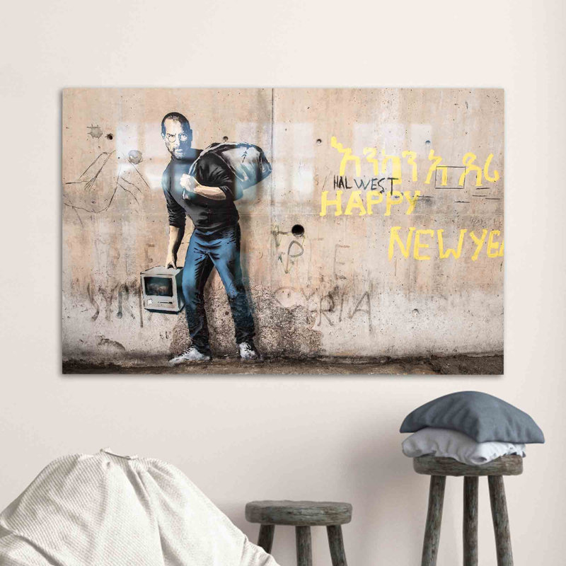 Art mural en verre à thème de qualité supérieure de Steve Steve mettant en vedette le style graffiti de Banksy, idéal pour la décoration moderne