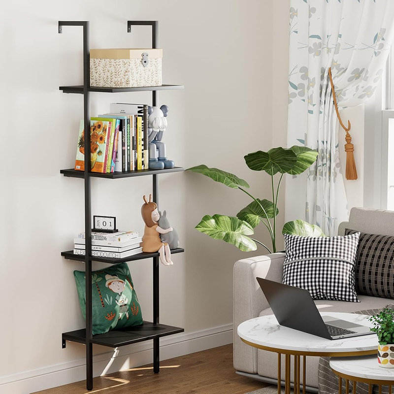 4 Tiers Metal Industrial Bookshelf,Black Wooden Tal...