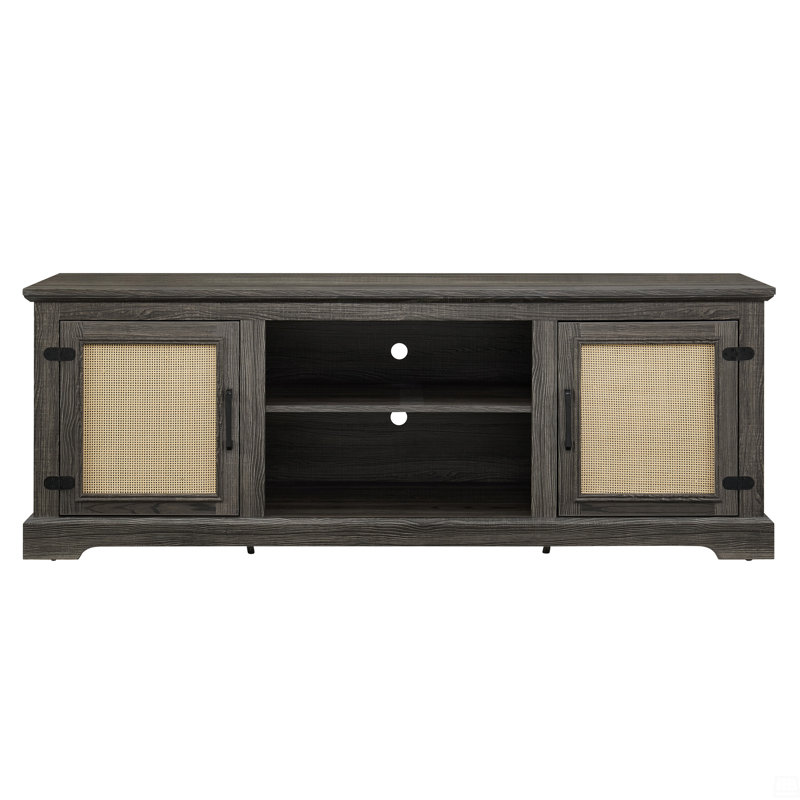 Meuble télé en rotin pour téléviseur de 70 po ou moins, console avec 2 tablettes de rangement, Gris