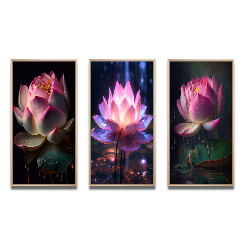 «Beautiful Blossoming Pink Lotus», 3 pièces sur toile, Cadre naturel flottant, H 40 po x l 60 po