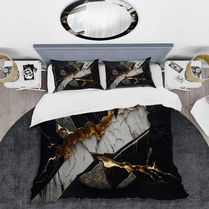 Abstract Geode Black III - Modern Duvet Cover Set - Microfiber Polyester, Queen Duvet Cover + 2 Standard Shams