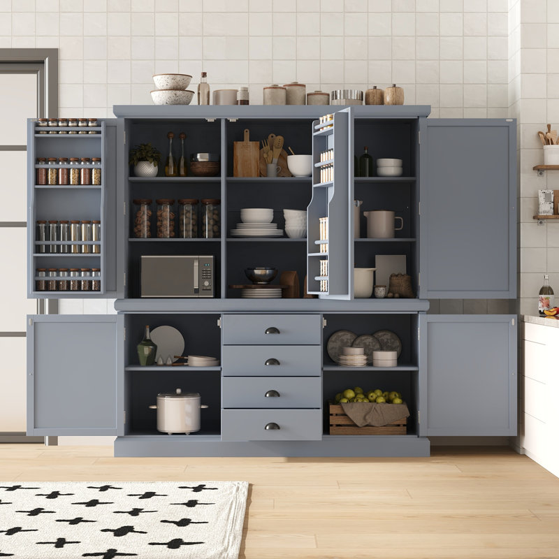 Grand garde-manger autoportant en bois de pin avec 8 tablettes et tiroirs réglables, Gray