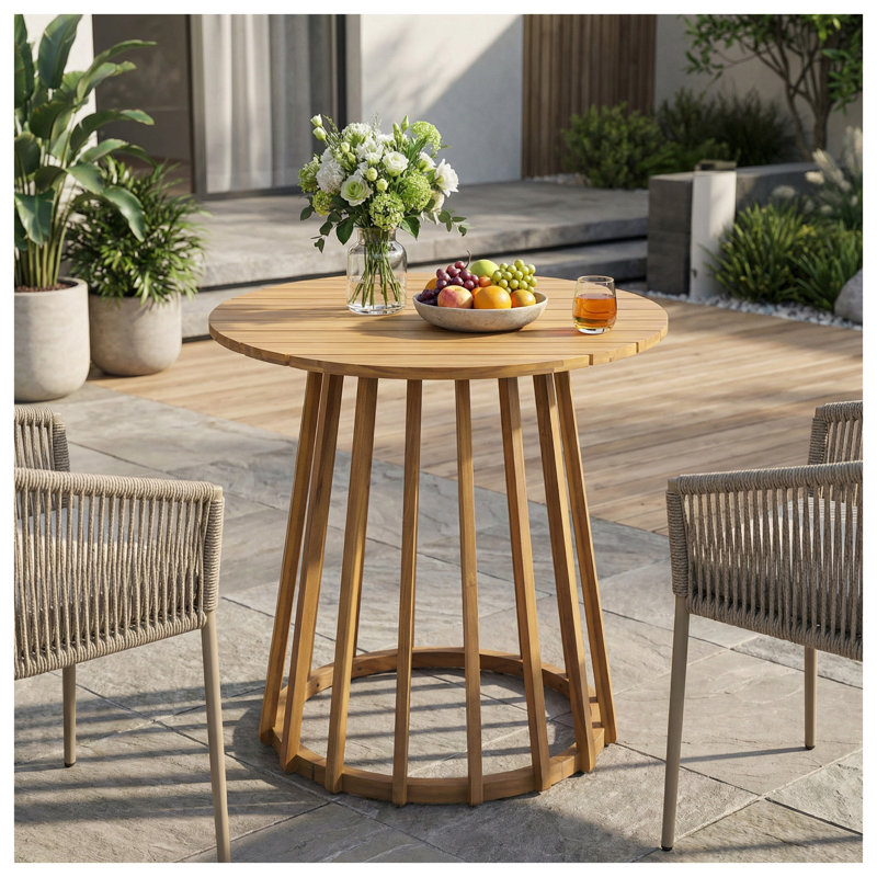 Table bistro d'extérieur ronde en bois d'acacia, finition teck, table de patio de 27,5 po de diamètre