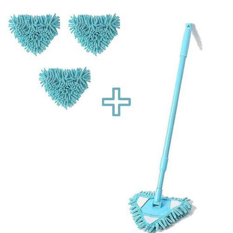 21" Triangle Small Mop With 3 Replacement Cloth Telescopic 180 Degree Rotation Magic Wipe Wall Sweeper Household Cleaning Tile, Blue