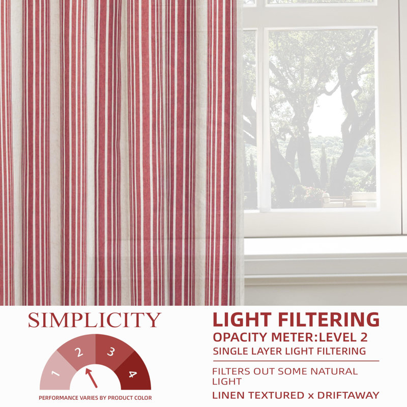 Rideaux semi-transparents en lin avec motif à rayures Chris, L 52 po x L 96 po, Rouge