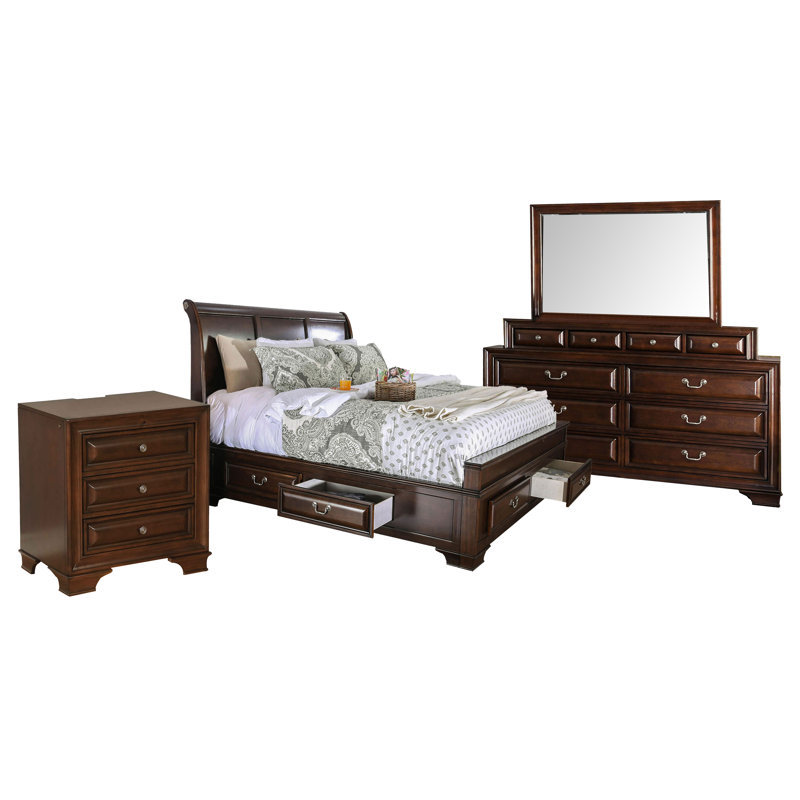 Ensemble de chambre à coucher très grand lit quatre pièces Lio, motif incrusté de bois brun cerise, poignées en métal argenté
