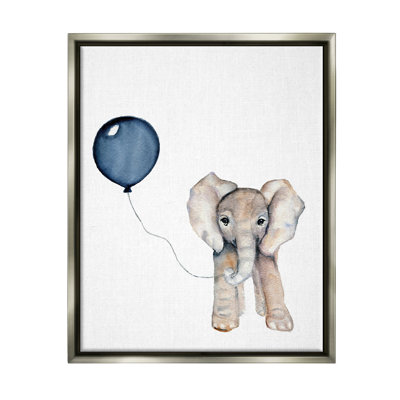 Baby Elephant with Blue Balloon Luster Gray Framed Floating Canvas Wall Art by Susan Knovich