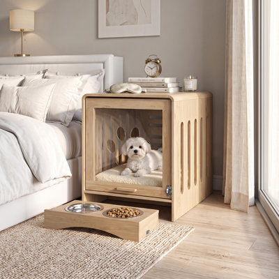 Dog Crate Furniture Side Table with Charging Station, Flip-up Hidden Acrylic Door and Adjustable Feeding Height