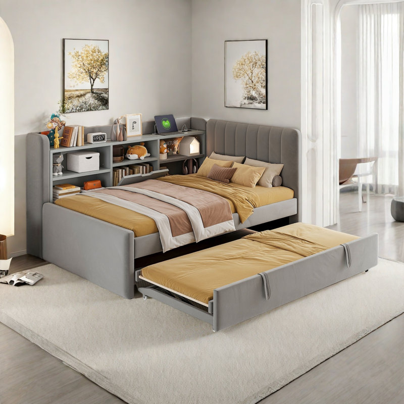 Lit de jour rembourré avec lit gigogne, tablettes de rangement, prise USB et conception à rayures verticales, Gris