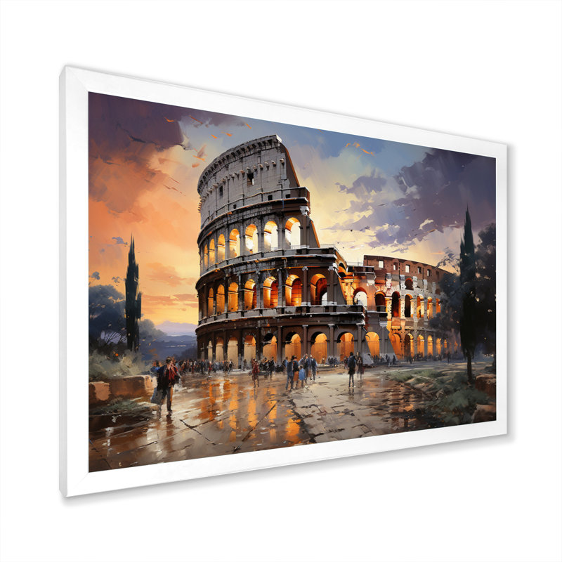 Beige, Italie, Colisée, Colosseo, sur toile, Cadre simple blanc, H 34 po x l 44 po x P 1,5 po