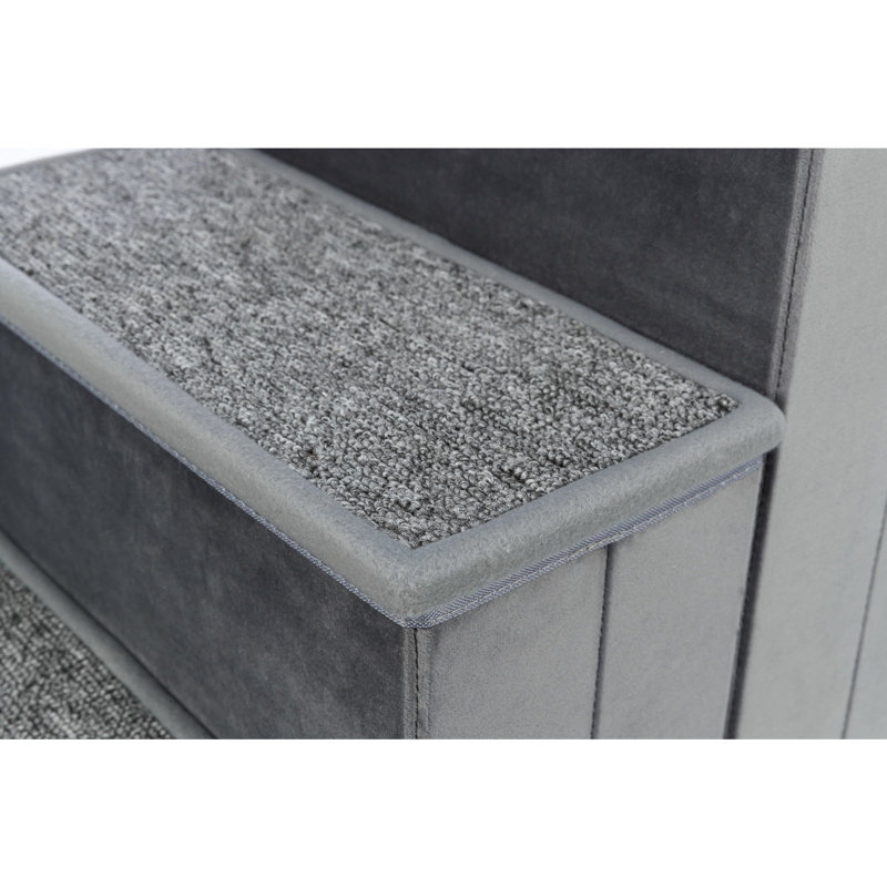 Gray Velour Foldable 4-Step Pet Stairs with Storage