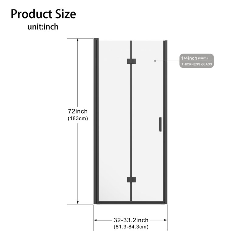 Pivot-Mounted Double-Fold Frameless Glass Shower Door, 1/4-Inch (6Mm) Tempered Clear Glass Swing Shower Panel, Black Finish, Reversible Installation