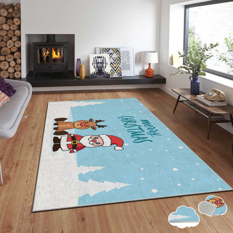 Tapis rectangulaire tissé à la machine en polyester bleu / blanc Bruggeman, Rectangle 3 pi 3 po x 5 pi 11 po