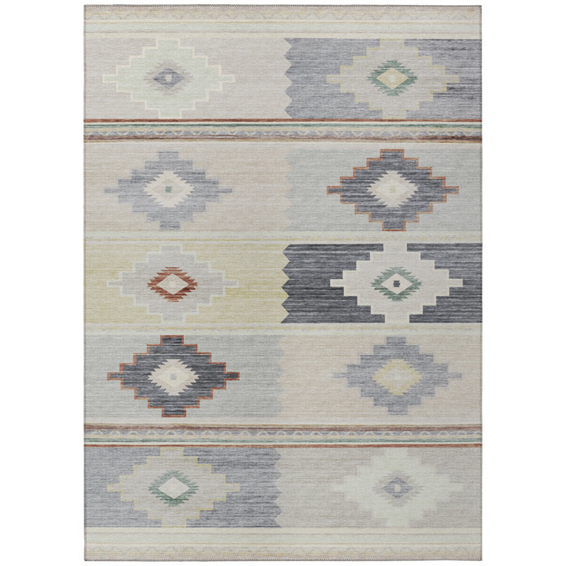 Tapis ivoire / gris / blanc en polyester tissé à la machine Jesseca, Rectangle de 10 pi x 14 pi