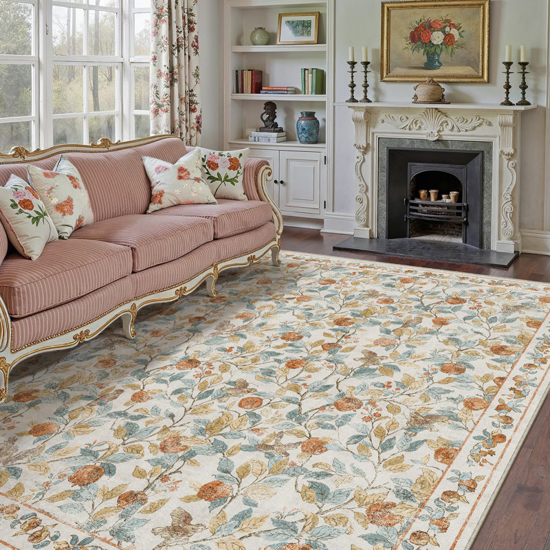 Tapis botanique rétro Pomegranate Blossom, Beige, Rectangle 8'6" x 11'6"