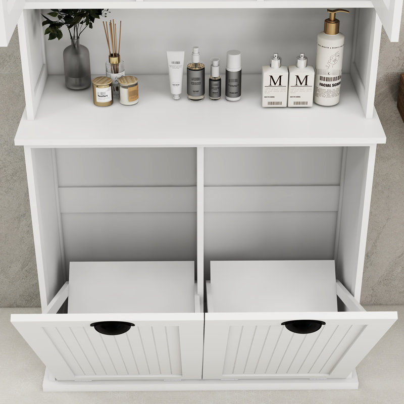 Armoire de rangement pour la lessive blanche avec tablettes réglables et panier à deux places efficace, Blanc