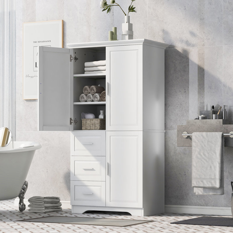Tall And Wide Storage Cabinet With Doors For Bathroom/Office, Three Drawers, Maximizing Organization And Space Efficiency