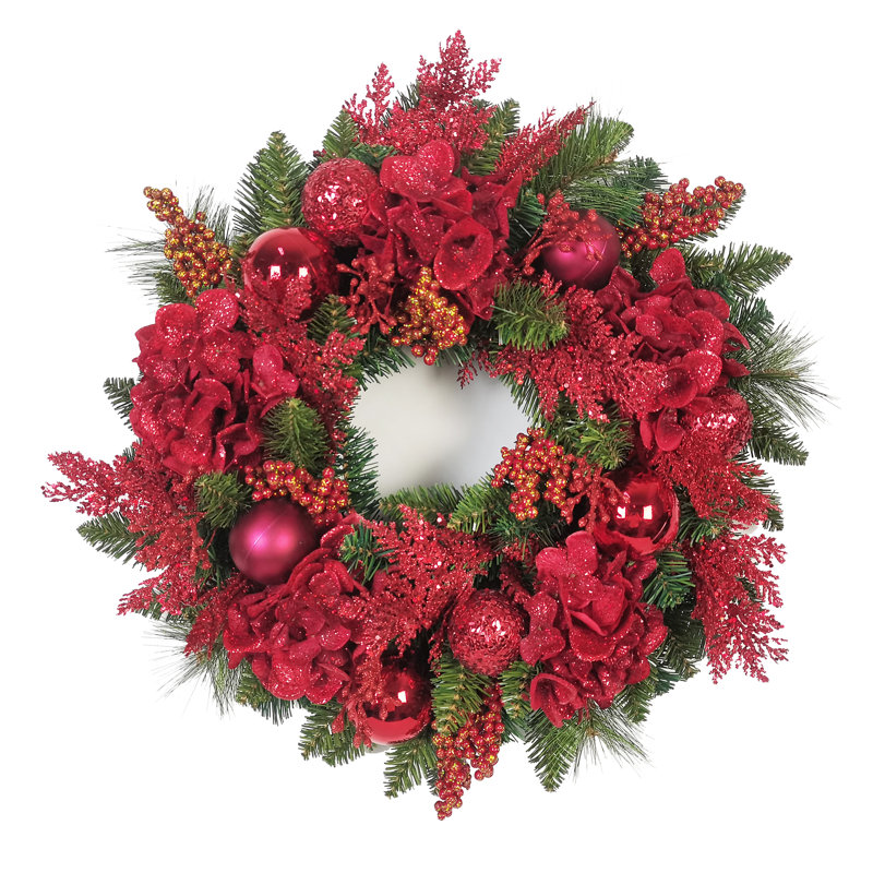 Christmas Wreath,24"  Hydrangea Ornaments, Red
